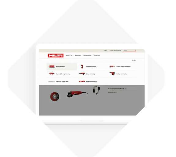 A computer screen displaying the Hilti website, showcasing navigation options for products like anchoring systems, cutting & sanding, and measuring systems—demonstrating the commerce benefits crucial for business efficiency.