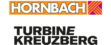 Logo of Hornbach in orange and Turbine Kreuzberg in black with white backgrounds, powered by Spryker for an EXCITEing blend of innovation and tradition.
