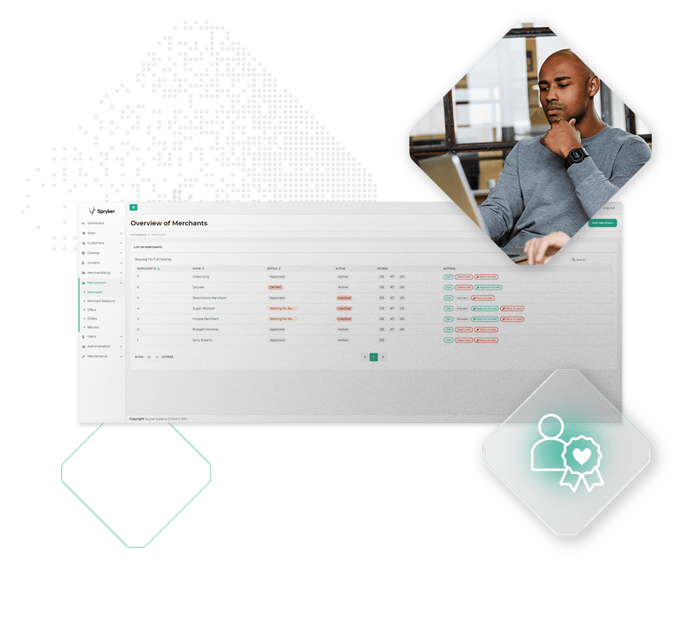 A person examining a computer screen with a data dashboard for "Overview of Merchants" displaying various statuses and icons symbolizing analysis and quality, ideal for understanding multi-brand selling performance.