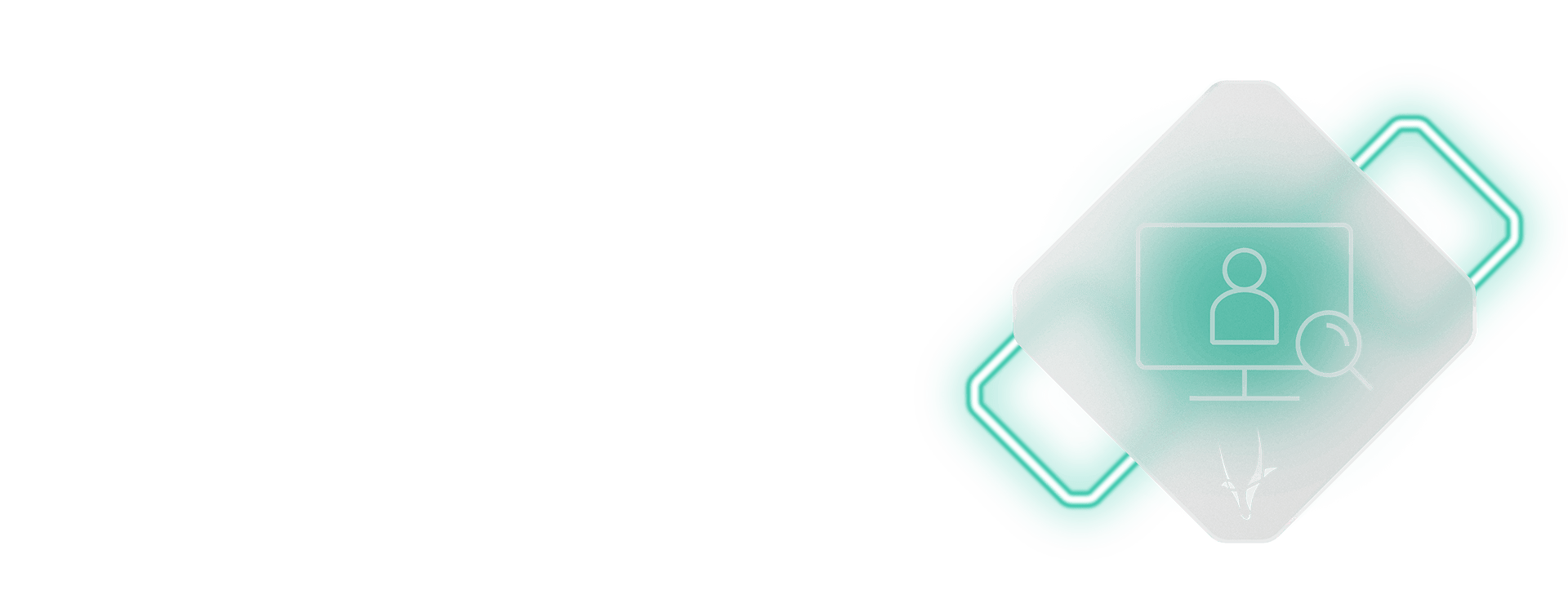 A graphic with an icon of a computer monitor displaying a user's profile and a magnifying glass, symbolizing digital self-service. The background features a diamond shape with green and blue accents, creating a modern look.