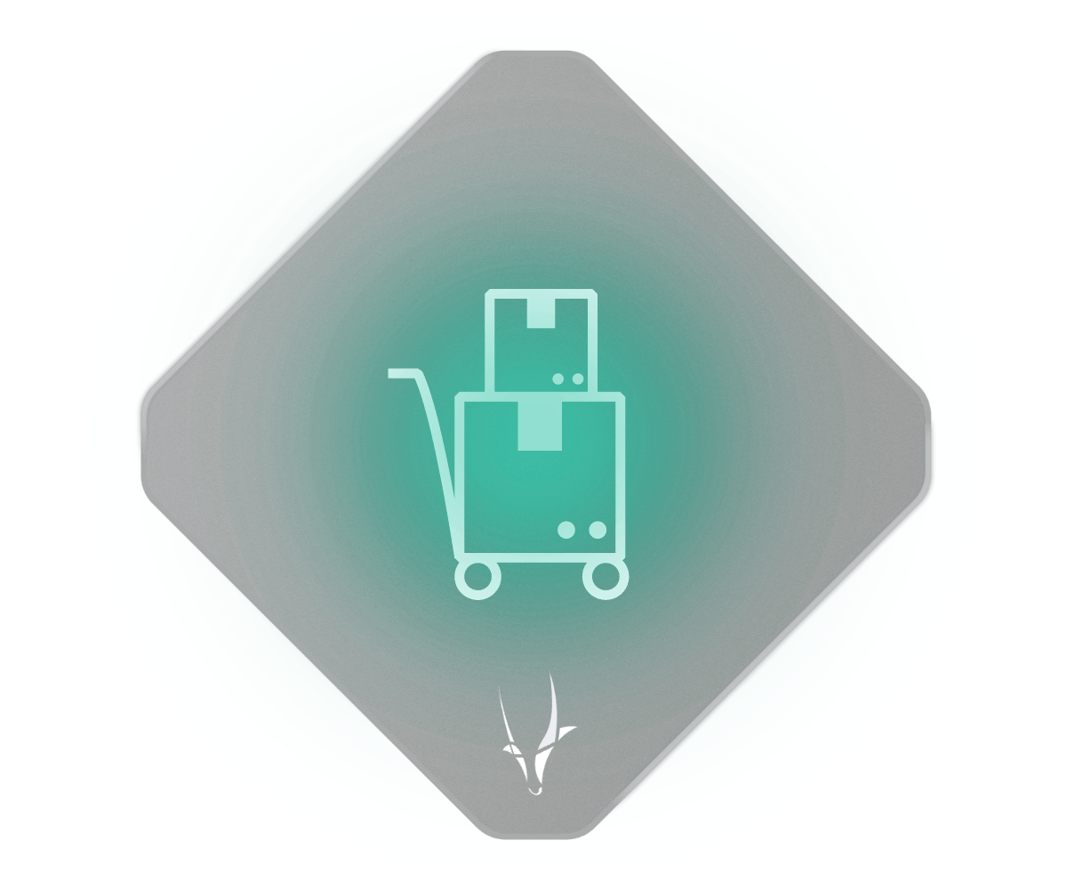 An icon of a hand truck with two stacked boxes, enclosed in a hexagon with a glowing blue outline. A gazelle logo is at the bottom of the hexagon, emphasizing its wholesale efficiency.
